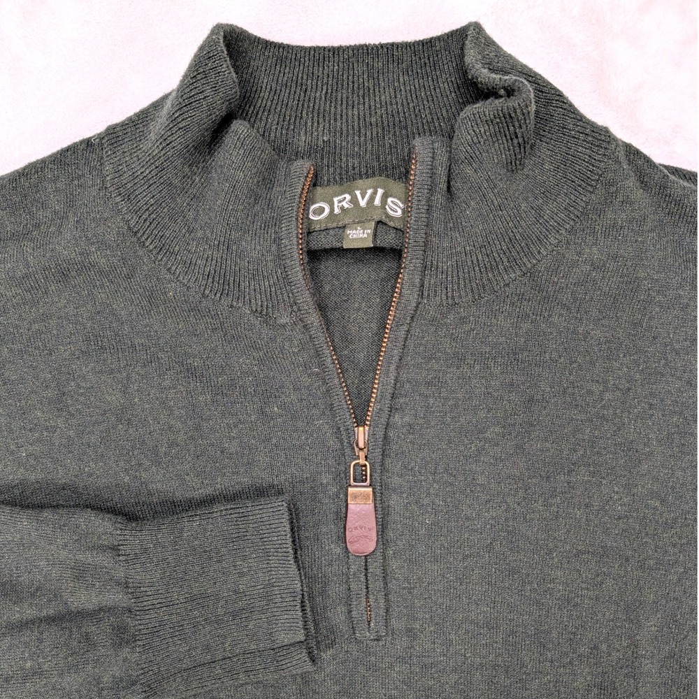 Orvis Mens Large Dark Green Cotton Silk Cashmere Quarter Zip Mock Neck Sweater